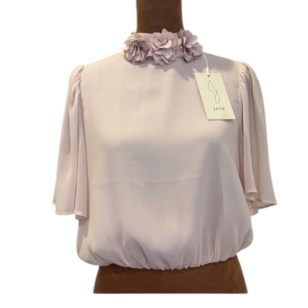 Joie NWT Blush Floral Appliqué Mock Neck Blouse Flutter Sleeve Romanic - Medium